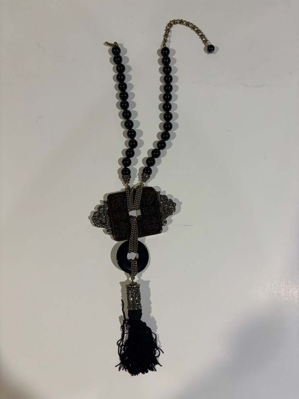 Heidi Daus Asian Inspired Black Beaded Crystal Pendant Statement Necklace